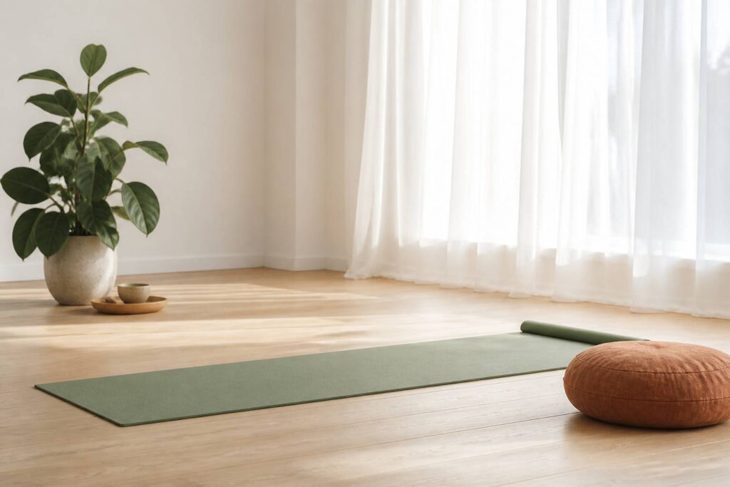 Studio de yoga lumineux avec tapis et coussin de méditation