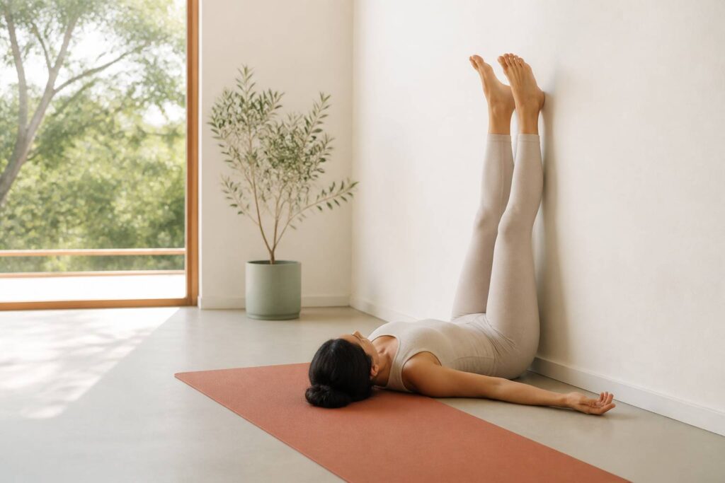 Personne vue de dos en posture inversée jambes contre un mur dans un studio clair