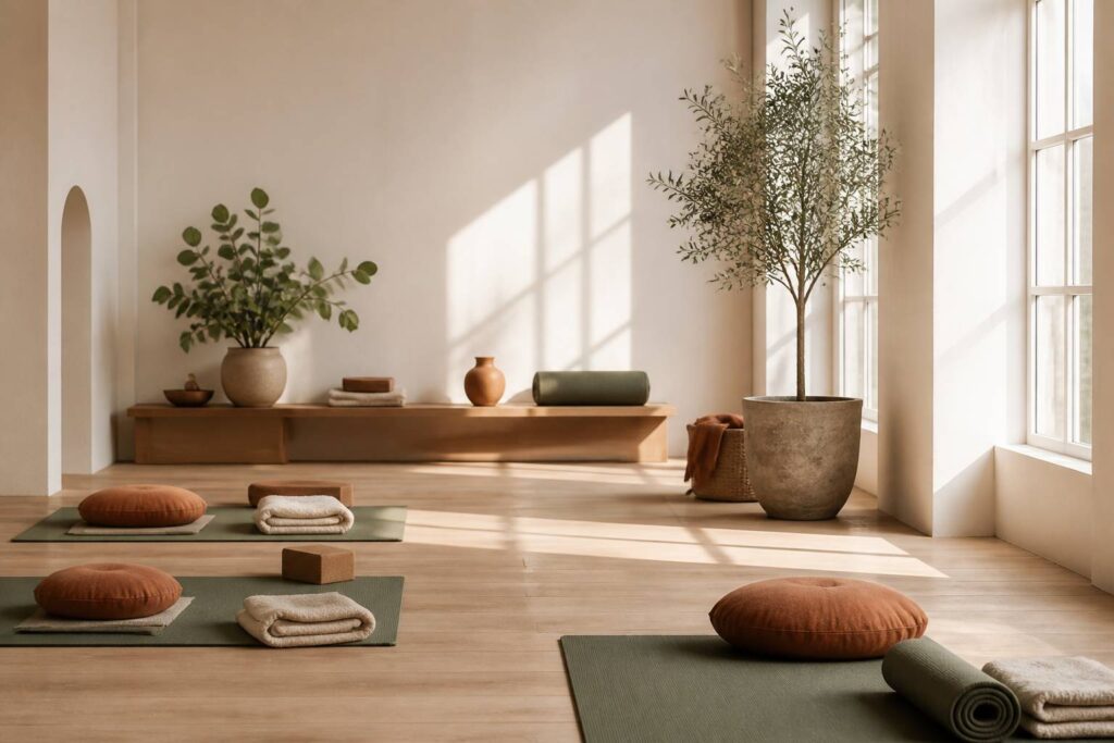 Studio de yoga lumineux avec tapis, coussins et plante verte au matin