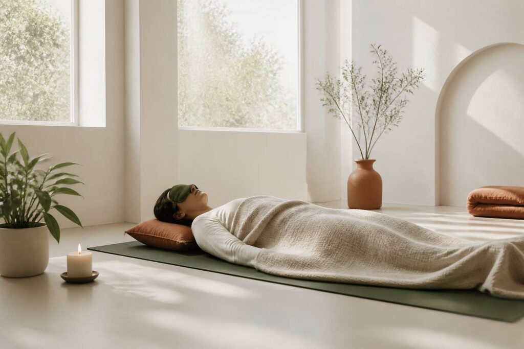 Personne allongée en yoga nidra sur un tapis avec couverture et bougie