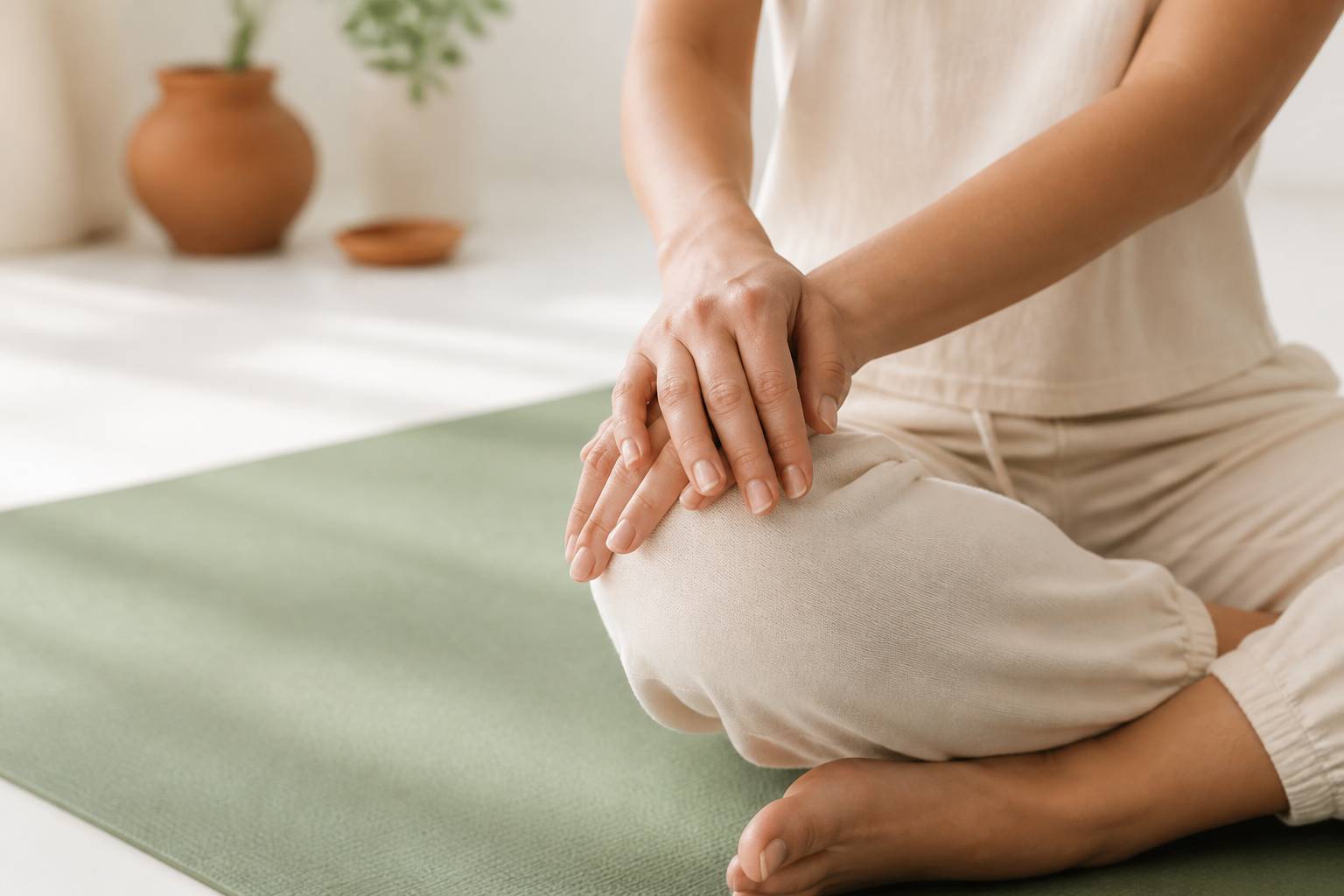 Mains posées sur un genou en posture de yoga assise