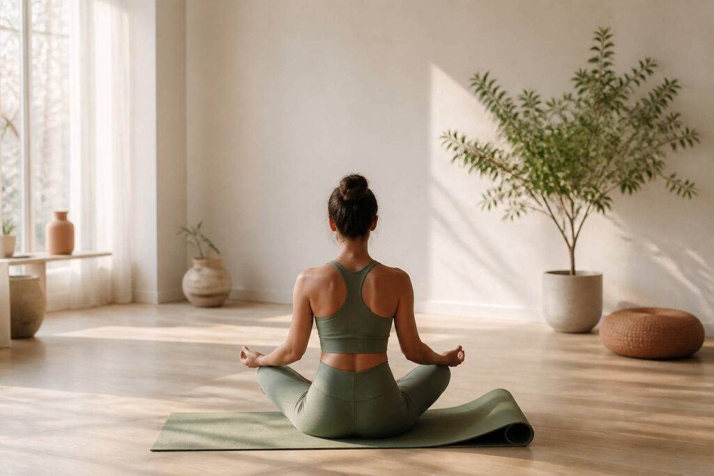 Studio de yoga lumineux avec personne assise vue de dos