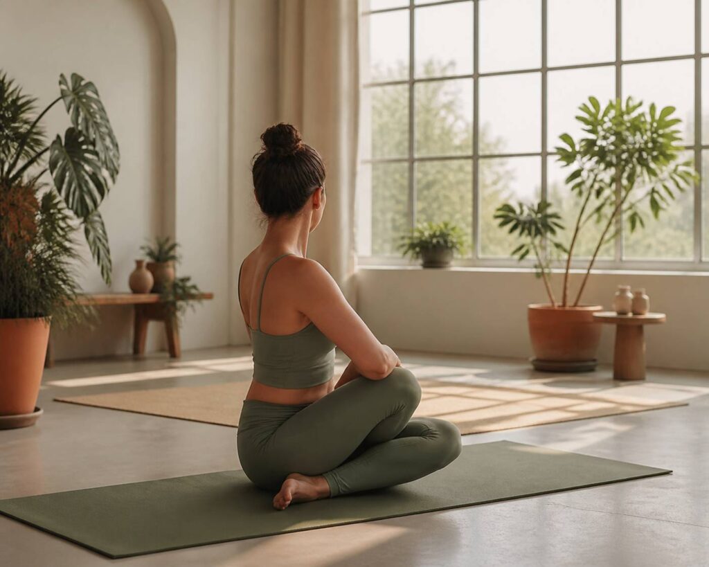 Personne effectuant une torsion assise dans un studio lumineux