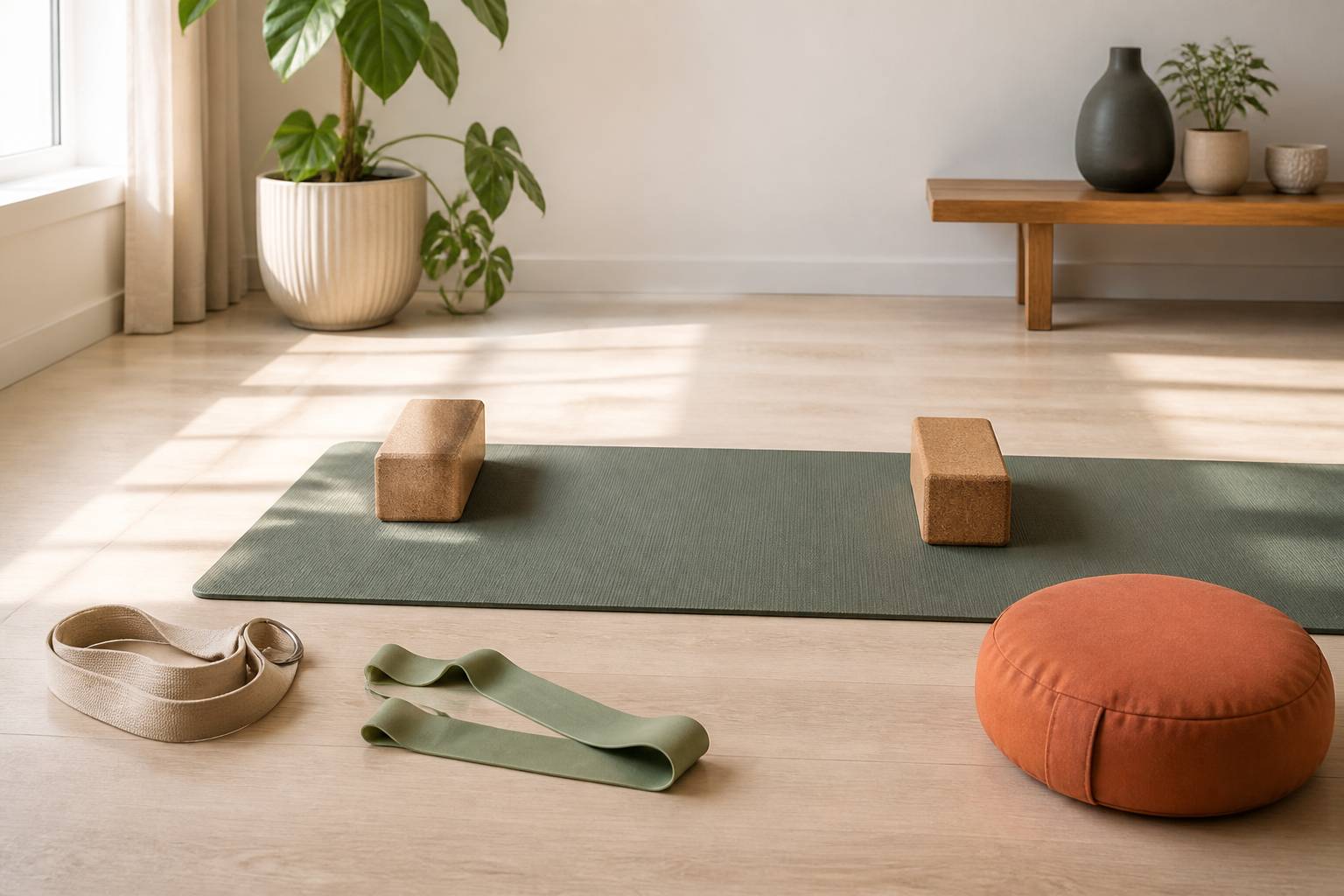 Blocs, sangle et élastique de résistance disposés sur un tapis de yoga