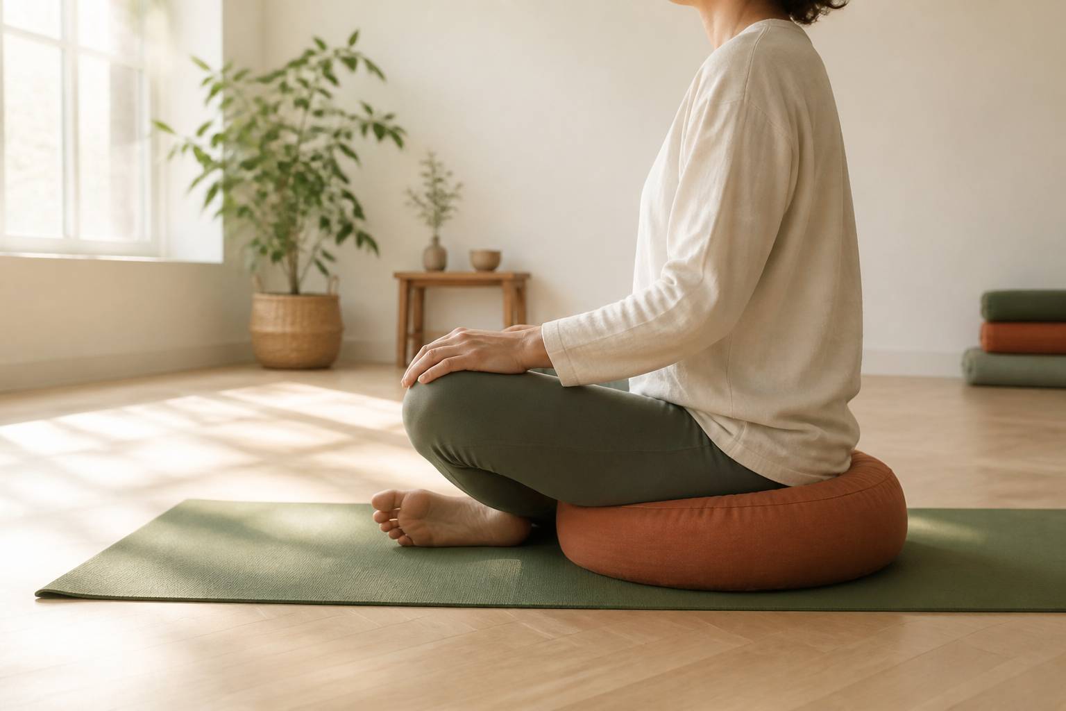 Assise en tailleur confortable sur un coussin de méditation dans un studio de yoga clair