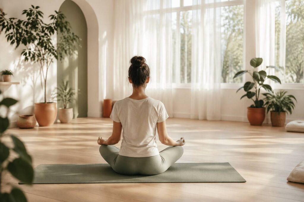 Personne méditant assise de dos dans un studio de yoga clair, pratique du chant Om