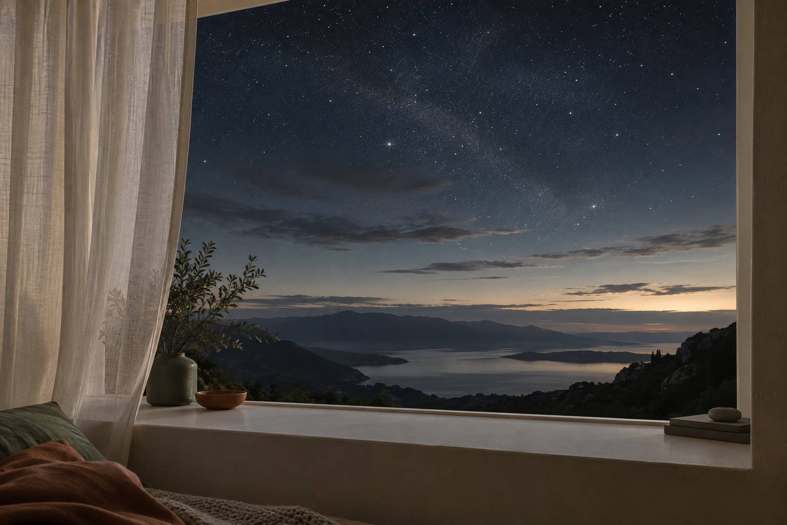 Ciel etoile de fin de nuit vu depuis une fenetre discretement eclairee
