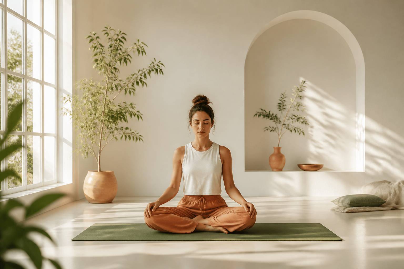 Méditation assise mains posées sur les genoux dans une posture de respiration calme, lumière douce du matin