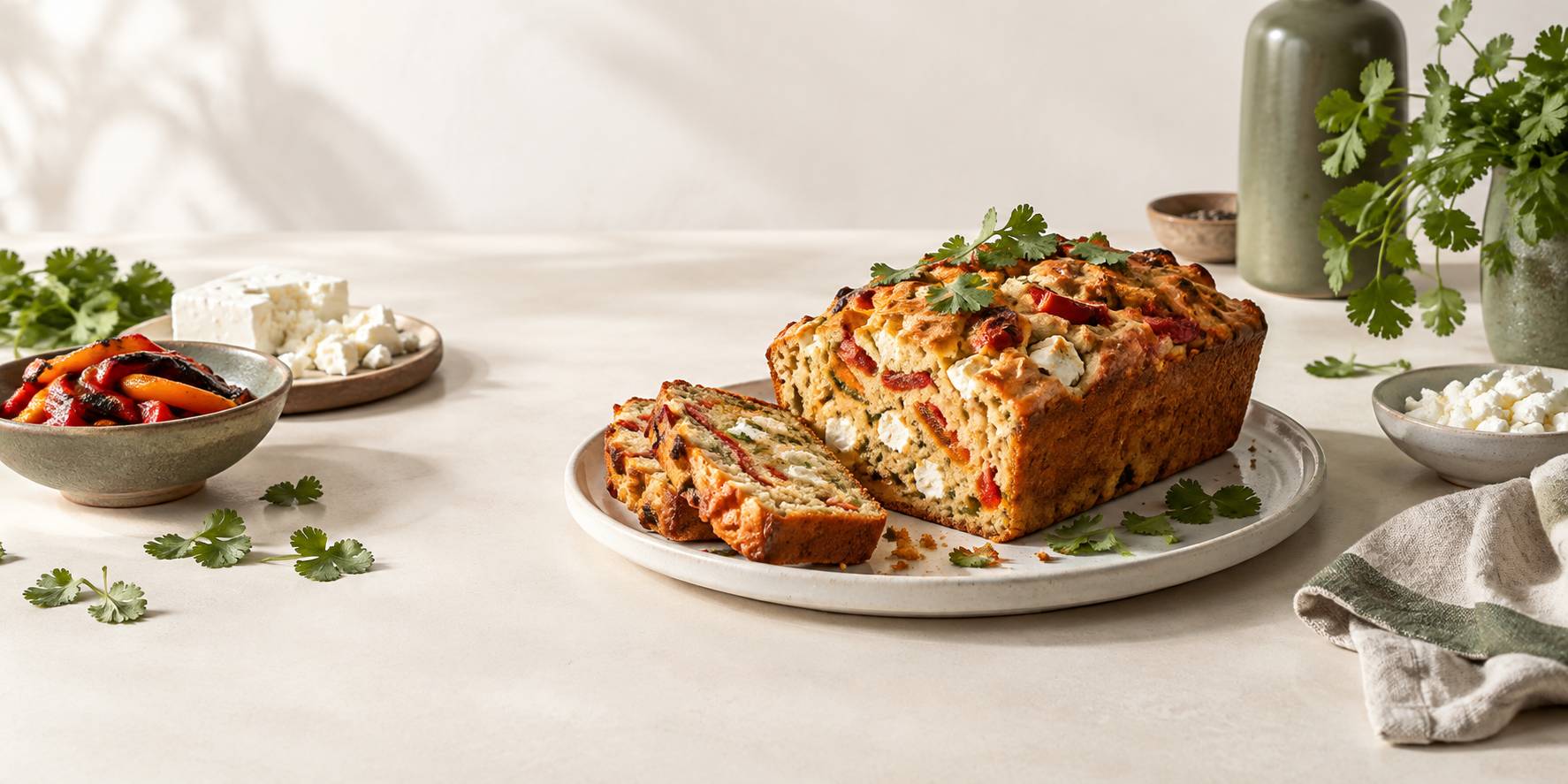 Illustration éditoriale du sujet : Délicieux cake moelleux aux poivrons grillés, feta fondante et coriandre parfumée