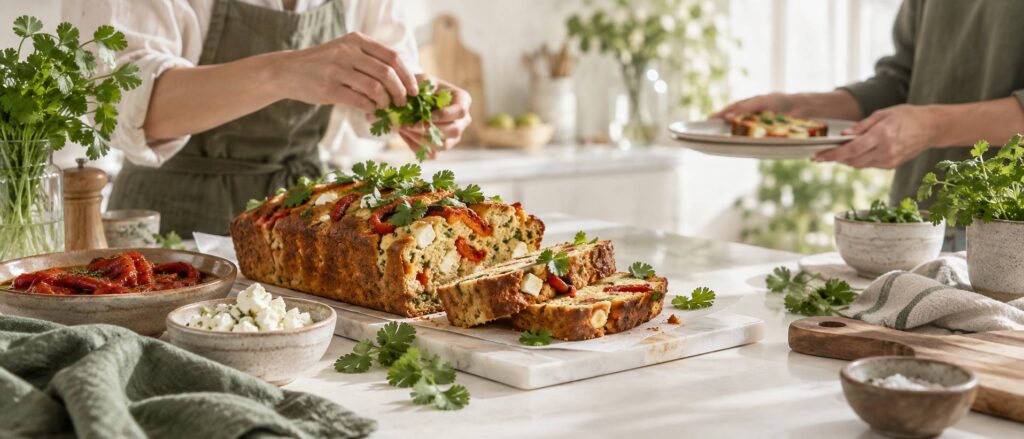 Illustration éditoriale du sujet : Délicieux cake moelleux aux poivrons grillés, feta fondante et coriandre parfumée