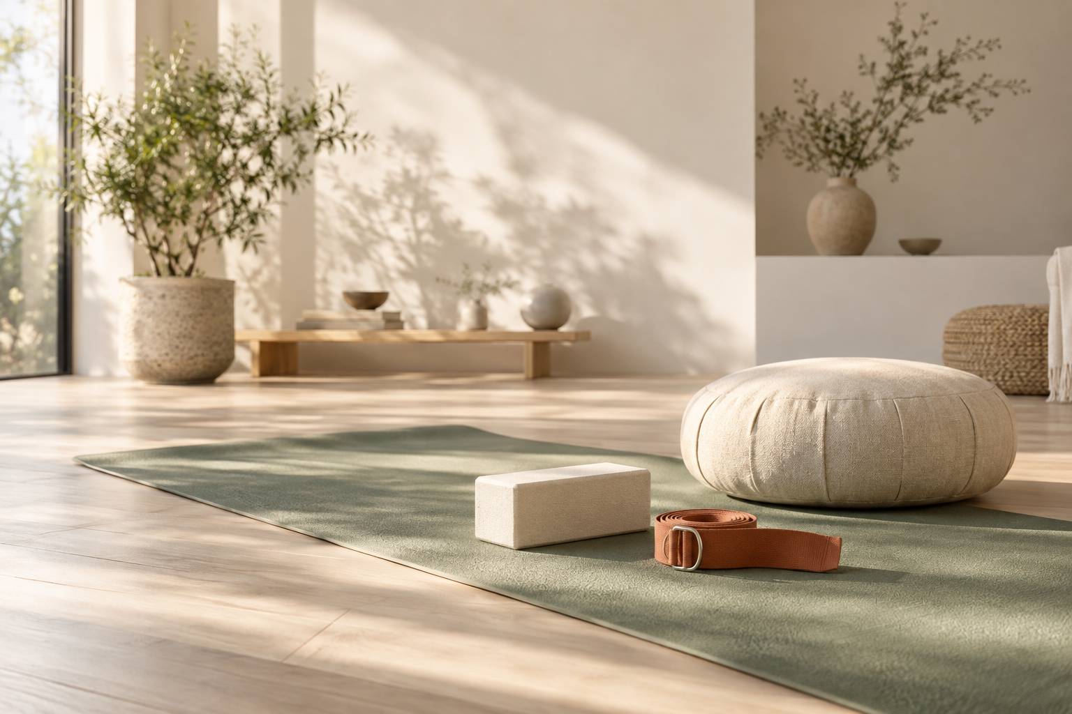 Détail d'un tapis de yoga et d'un coussin de méditation au sol