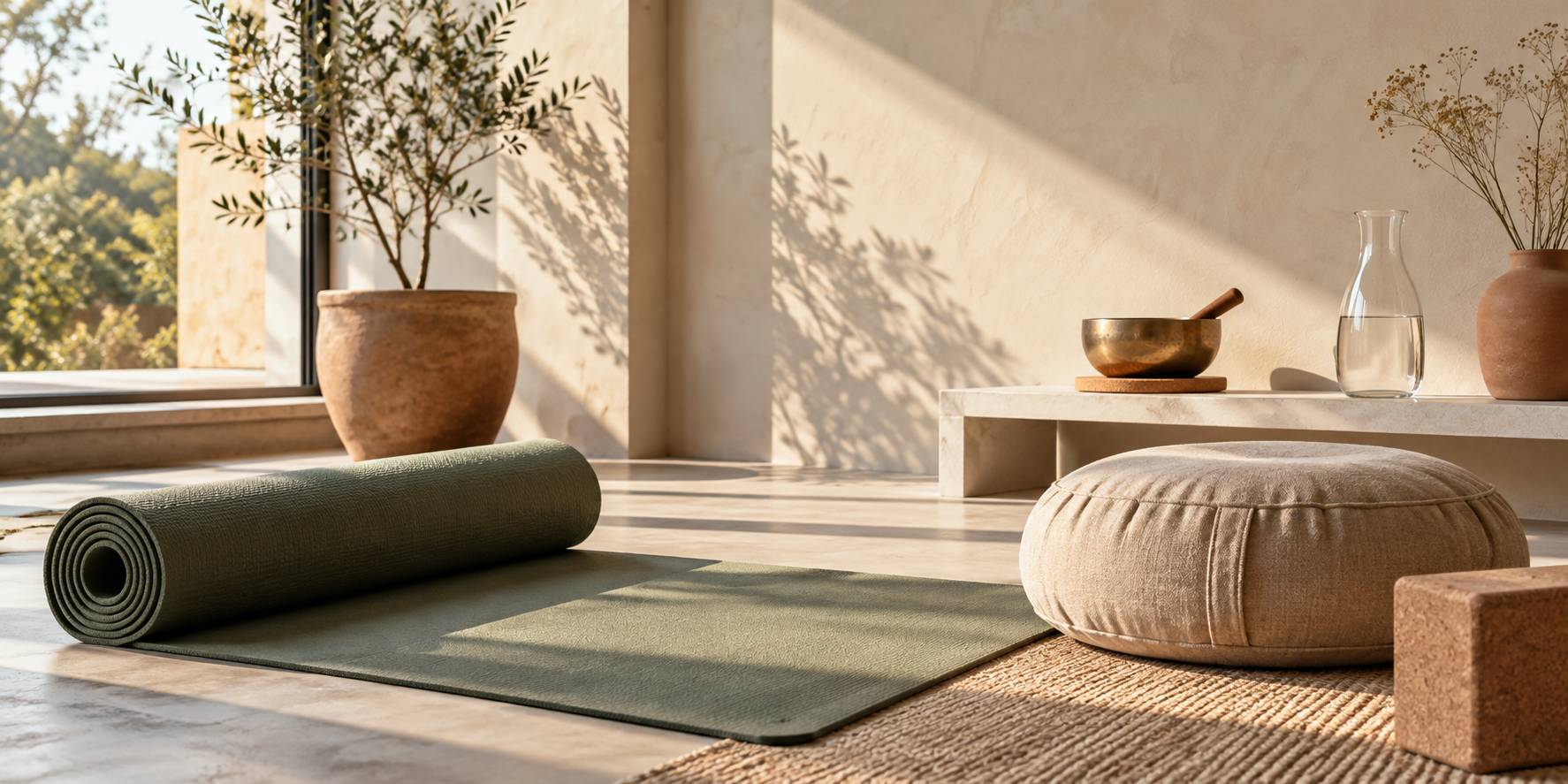 Tapis roulé et coussin de méditation près d'une fenêtre lumineuse