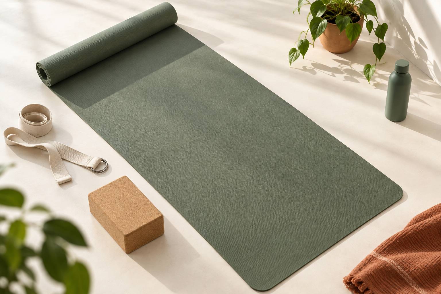 Détail d'un tapis de yoga avec sangle en coton et brique