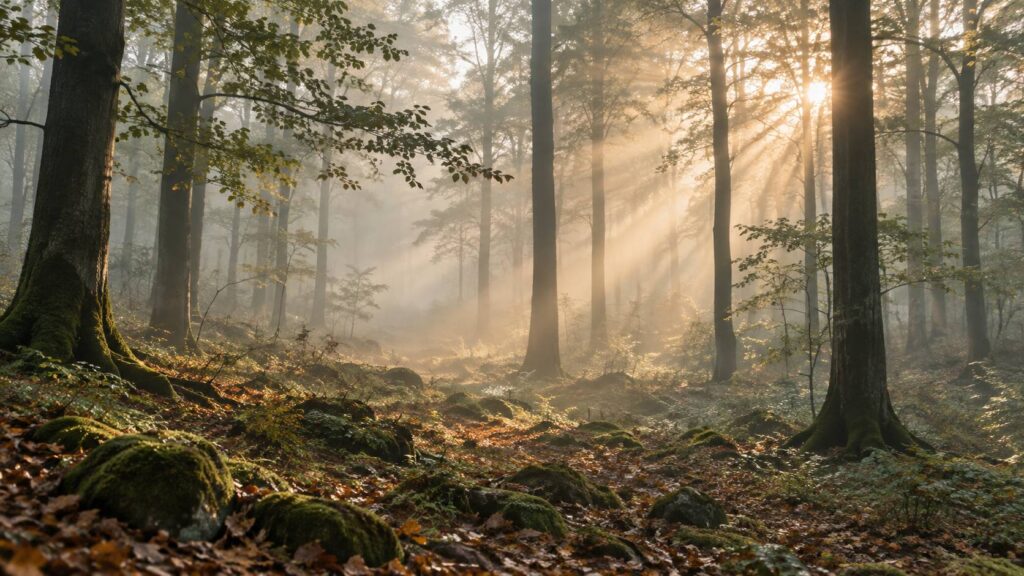Rais de lumiere doree traversant la brume d'une foret a l'aube