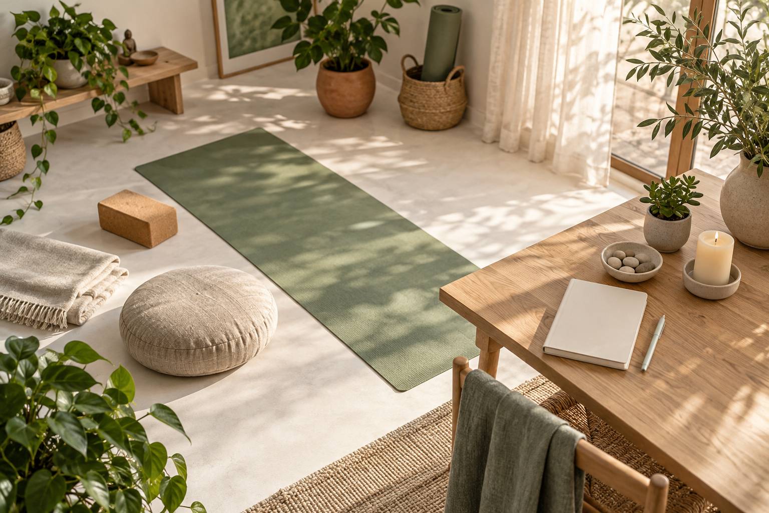 Carnet ferme, galets clairs et plante grasse sur une petite table
