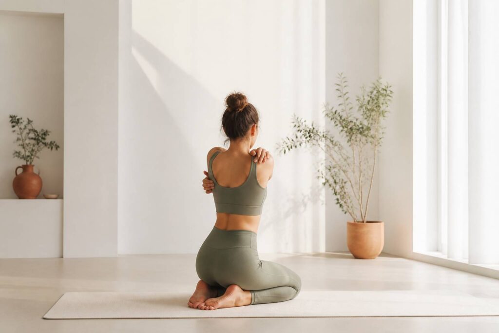 Personne étirant épaules et haut du dos dans un studio de yoga lumineux