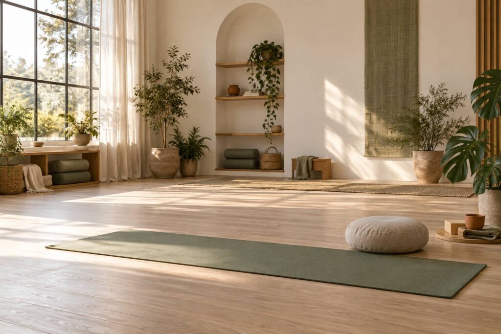 Studio de yoga vide et lumineux avec tapis deplie et plantes pres de la fenetre