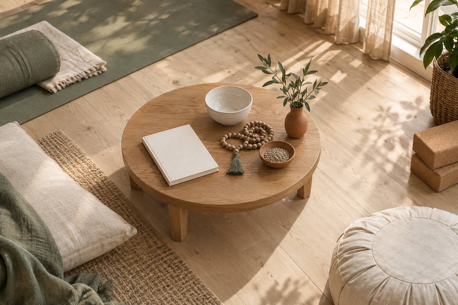 Table basse en bois clair avec bol de ceramique et guirlande de perles de bois