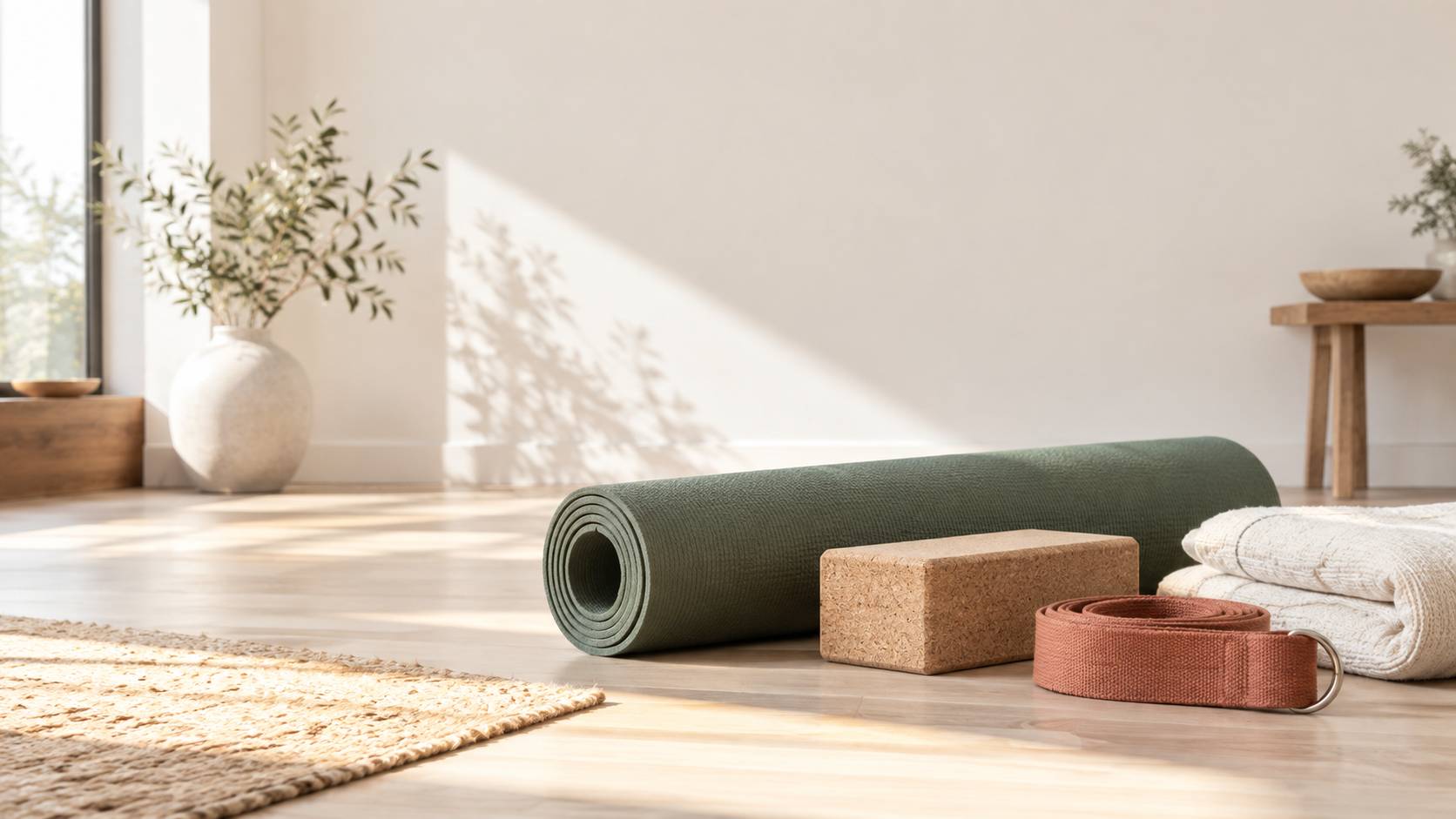 Gros plan sur du matériel de yoga : tapis roulé, brique et sangle