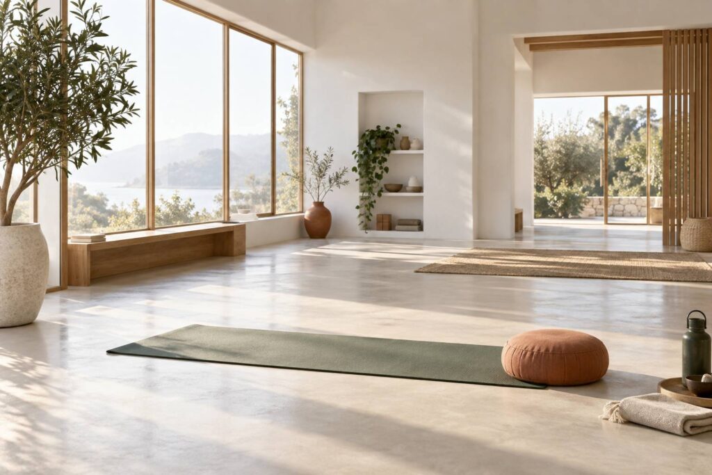 Tapis de yoga déroulé et coussin de méditation dans un studio lumineux