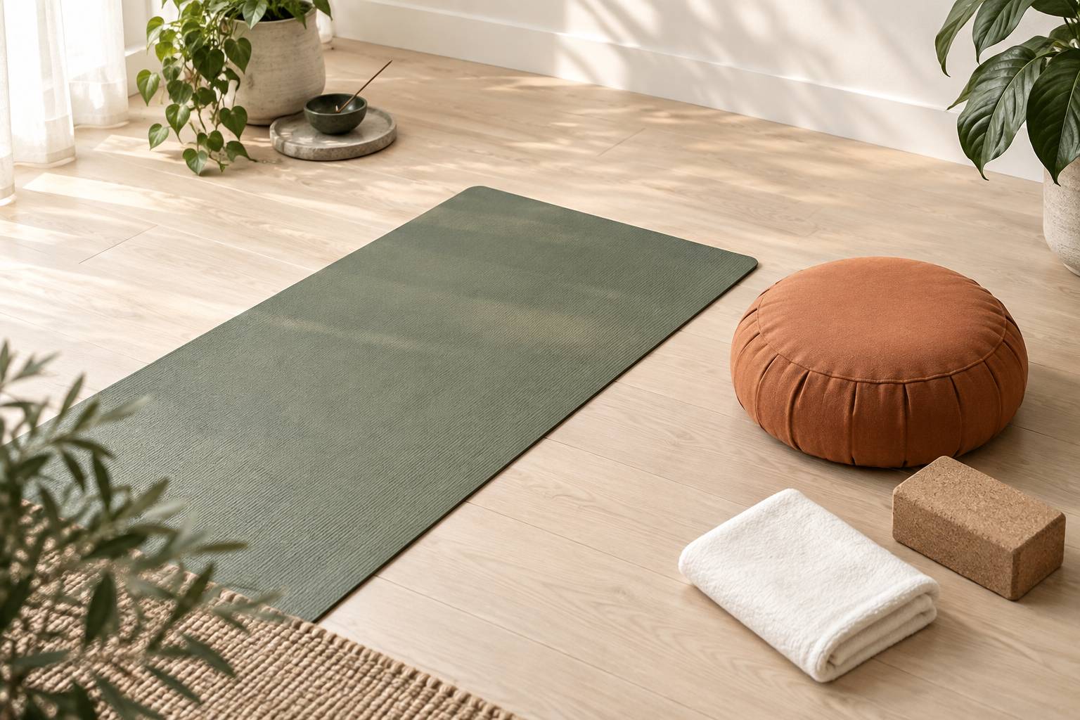 Tapis de yoga et coussin de méditation sur un parquet clair