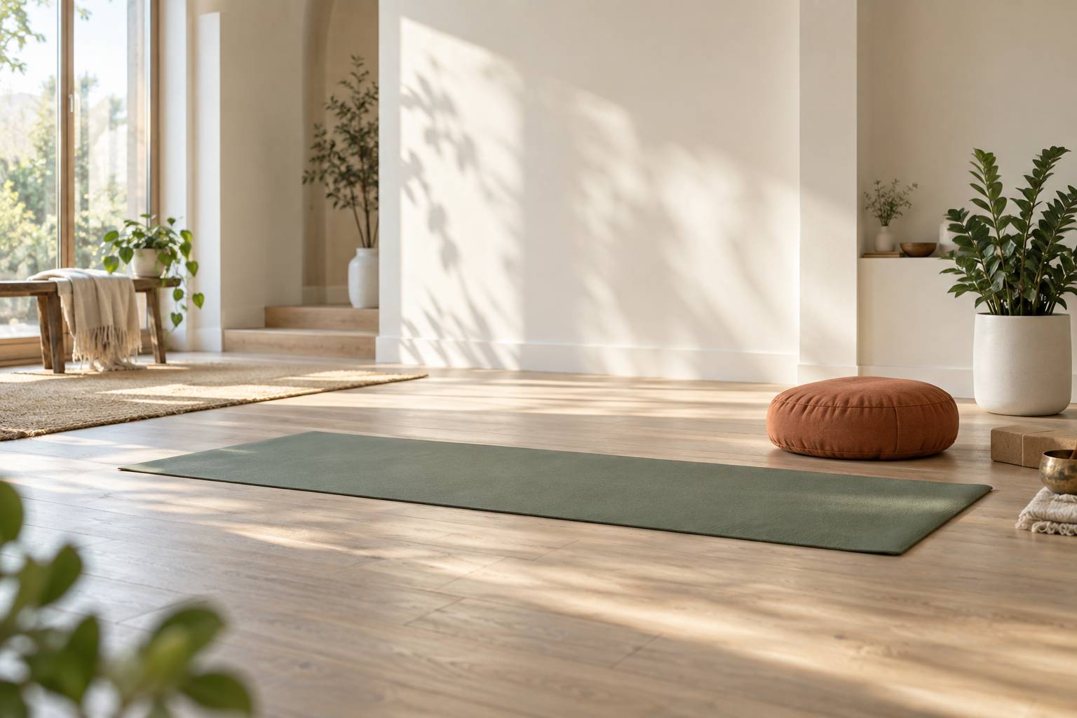 Mains jointes en geste de salutation au-dessus d'un parquet clair, lumière naturelle douce