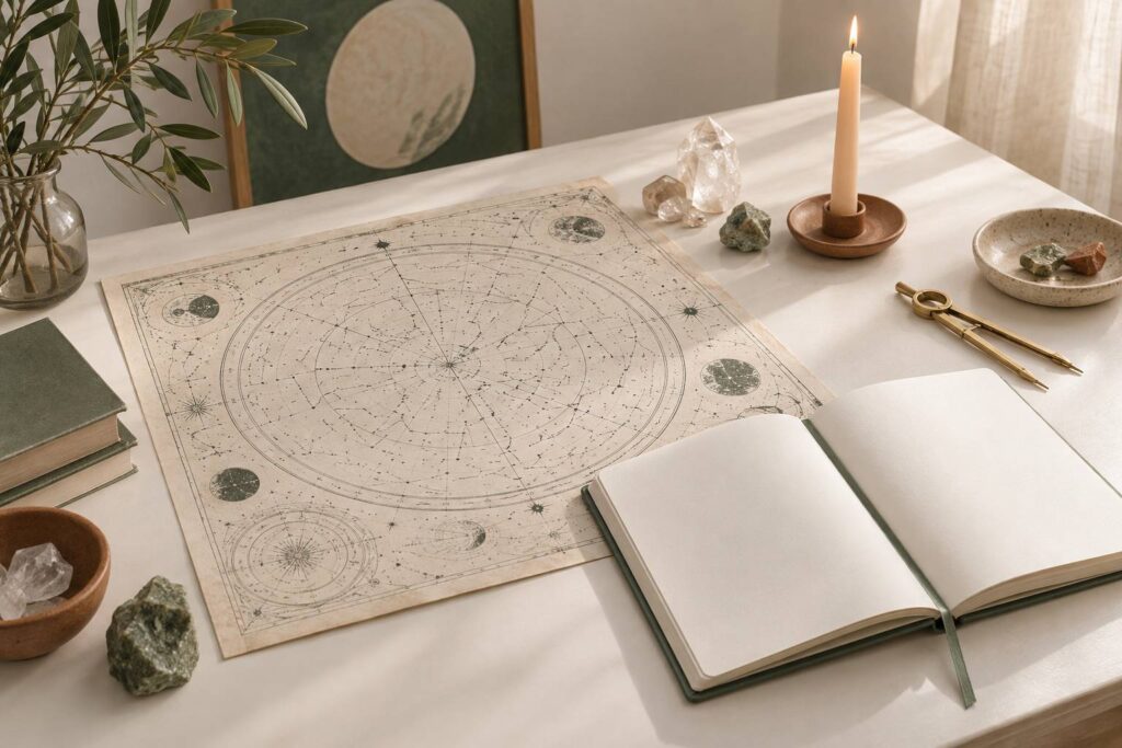 Nature morte astrale avec carte du ciel, bougie et pierres de quartz