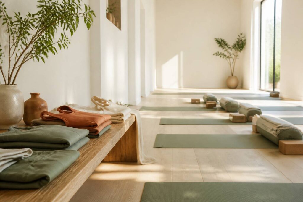 Vue large d'un studio de yoga baigné de lumière matinale : tapis de yoga alignés sur un sol en bois clair, ten