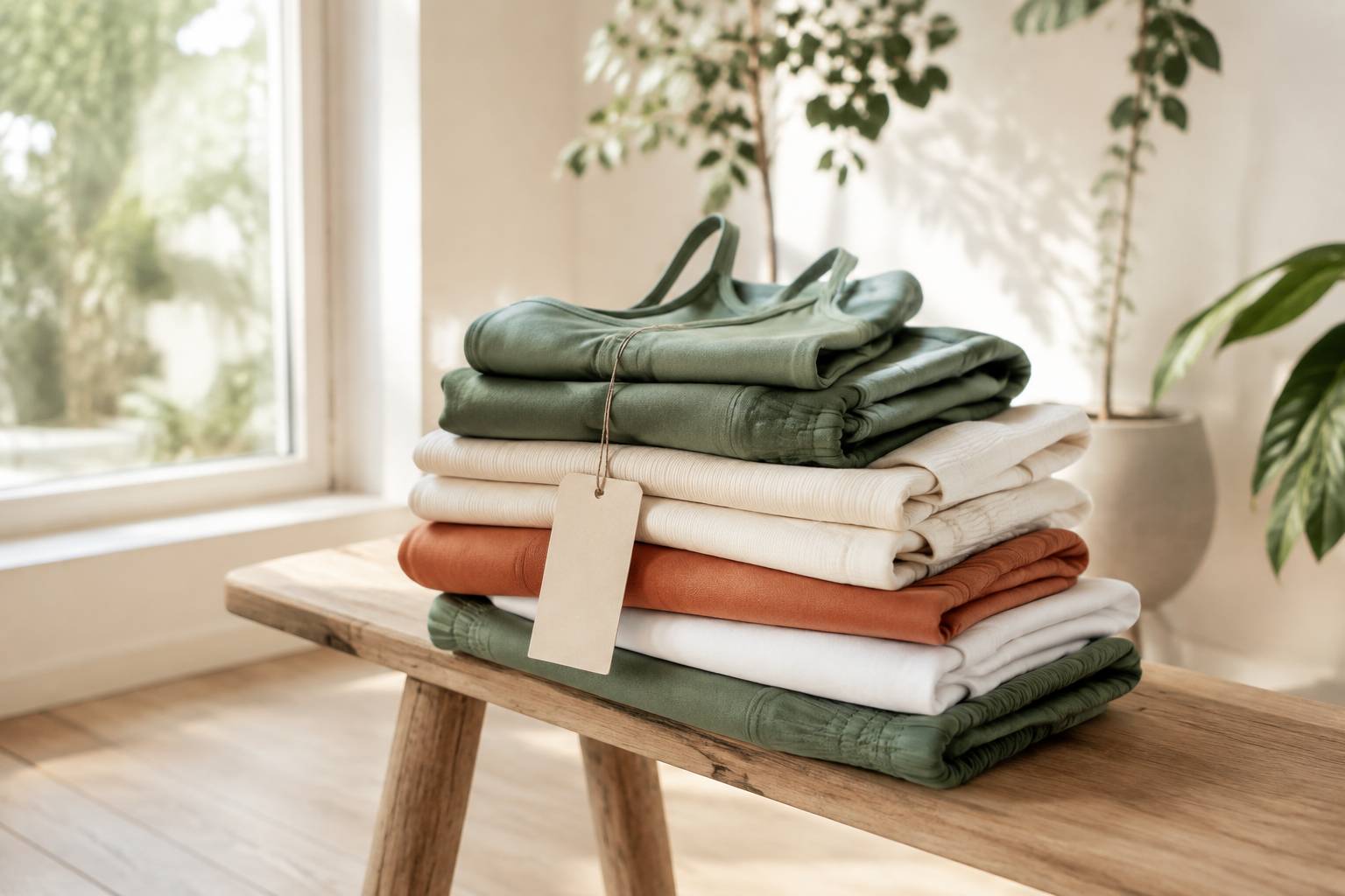 Vue large d'une pile de vêtements de yoga aux tons sauge, terracotta et écru posée sur un banc en bois près d'