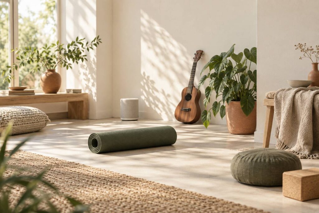 Tapis de yoga roule avec ukulele et plante dans un interieur lumineux