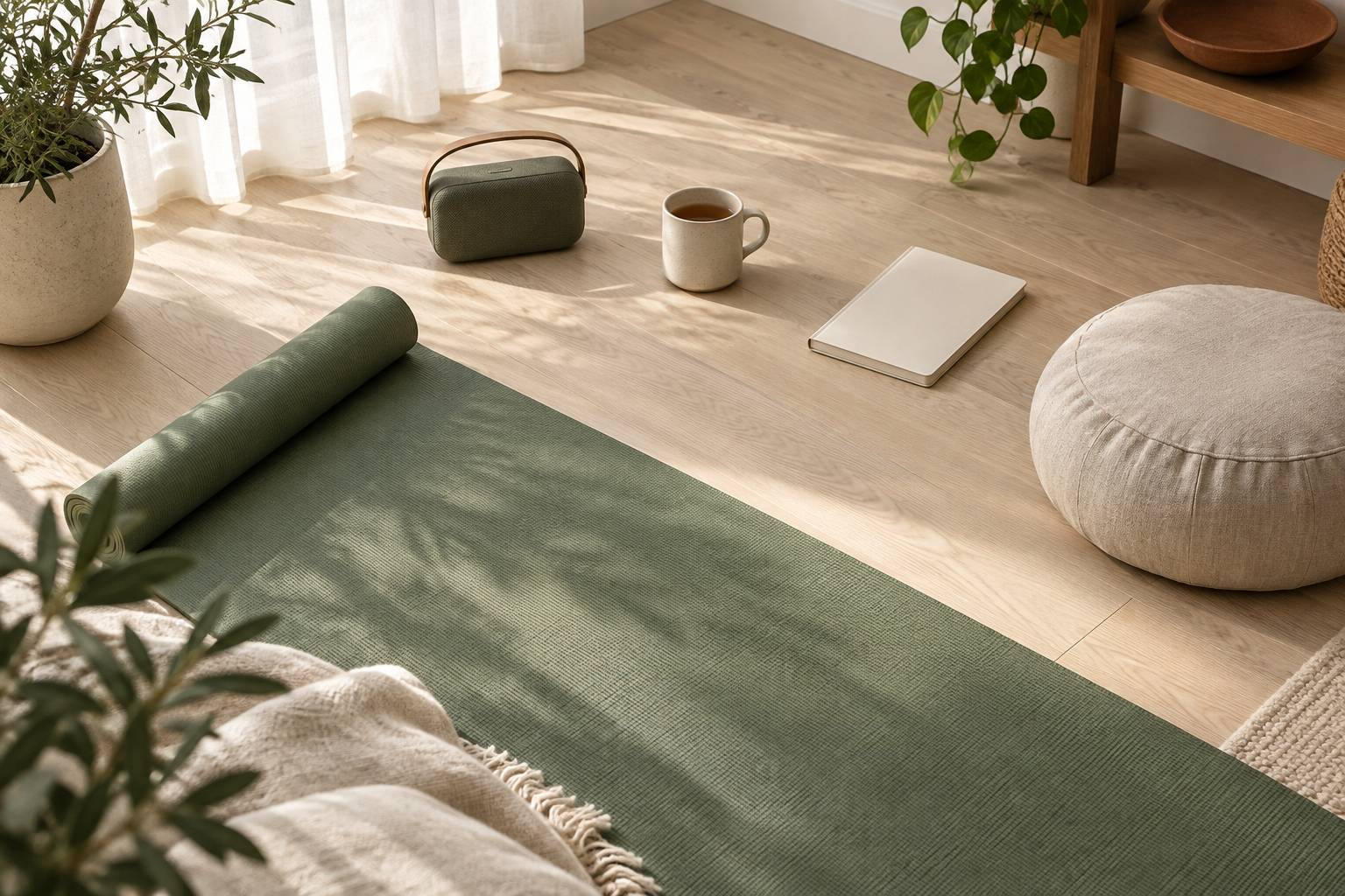 Tapis de yoga deroule, enceinte et coussin de meditation dans une piece claire