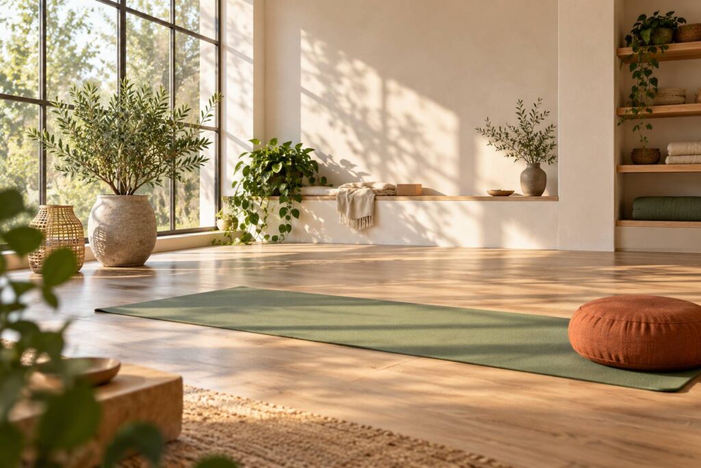 Studio de yoga clair avec tapis deroule et plante verte pres d'une fenetre