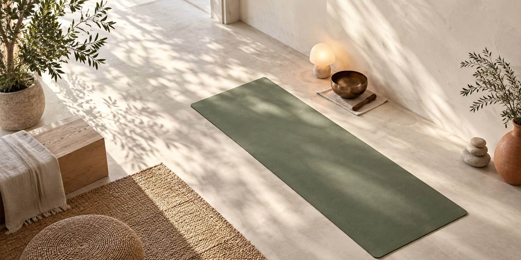 Espace de meditation sobre avec tapis, bol chantant et galets empiles