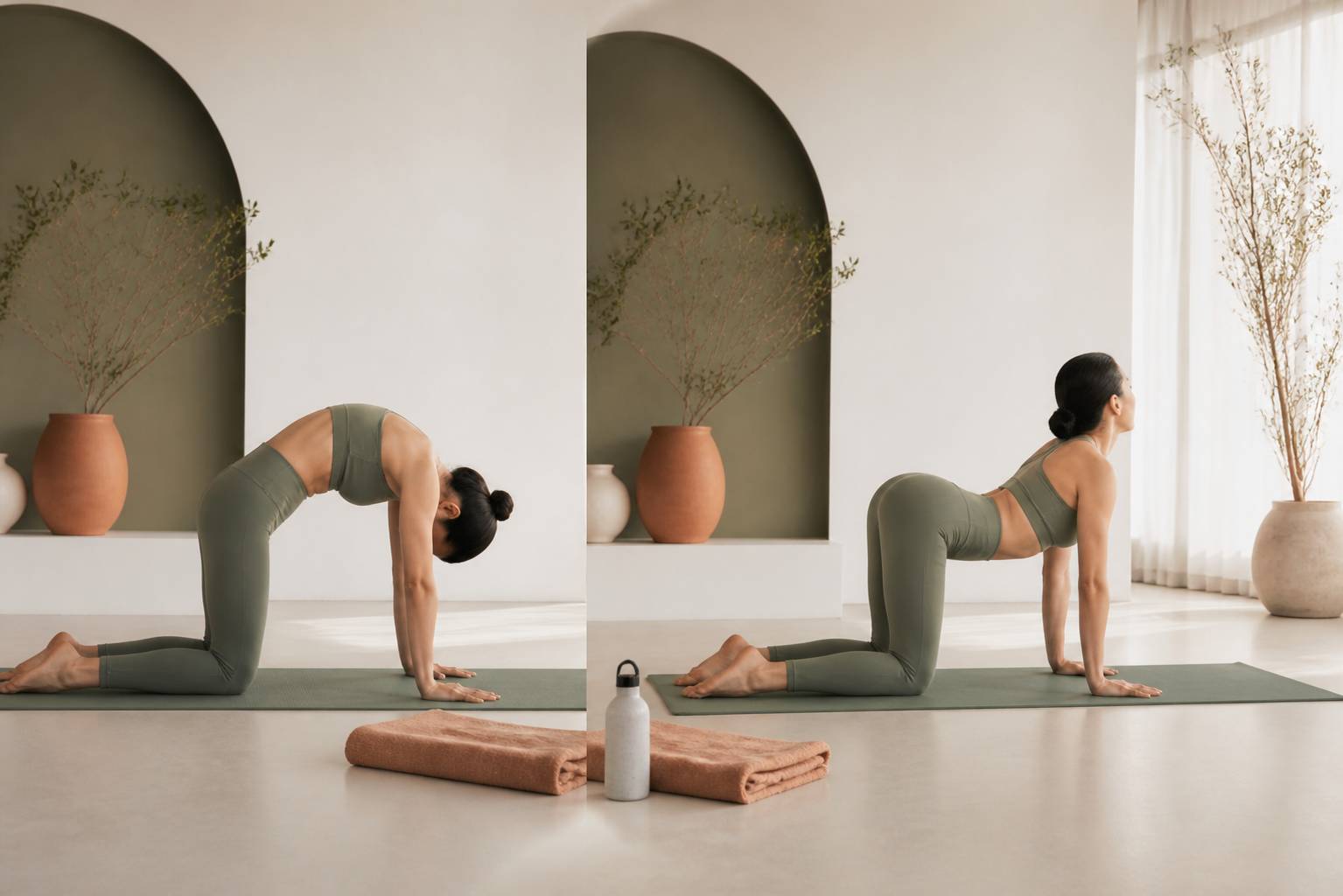 Posture de yoga chat-vache sur tapis pour la mobilité de la colonne