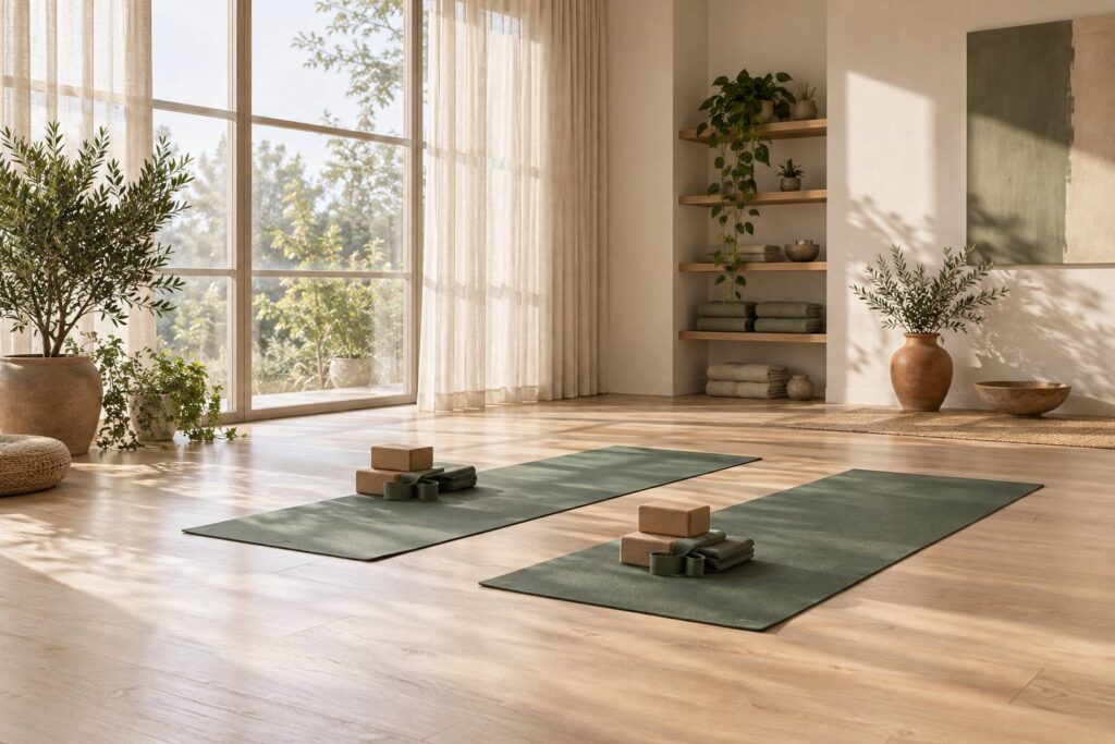 Studio de yoga vide et lumineux avec tapis deroules et accessoires