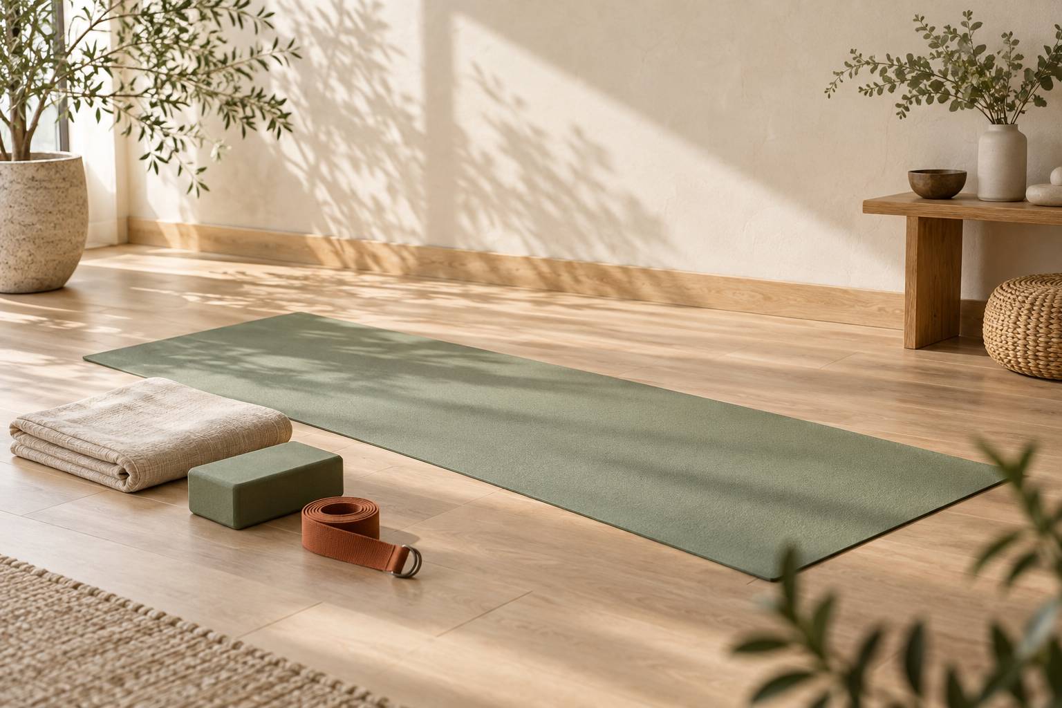 Tapis de yoga avec couverture pliee et bloc de mousse dans un studio clair