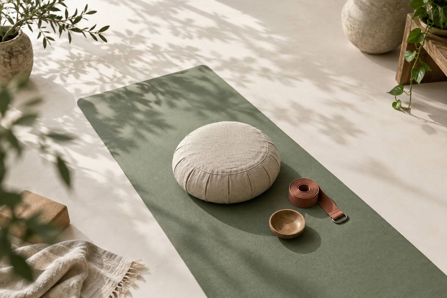 Coussin de meditation et sangle sur un tapis de yoga