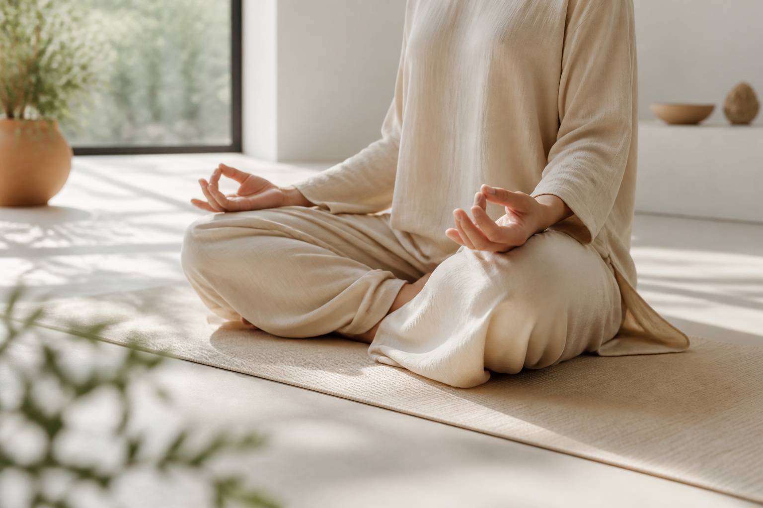 Mains posées en mudra sur les genoux lors d'une méditation en tailleur