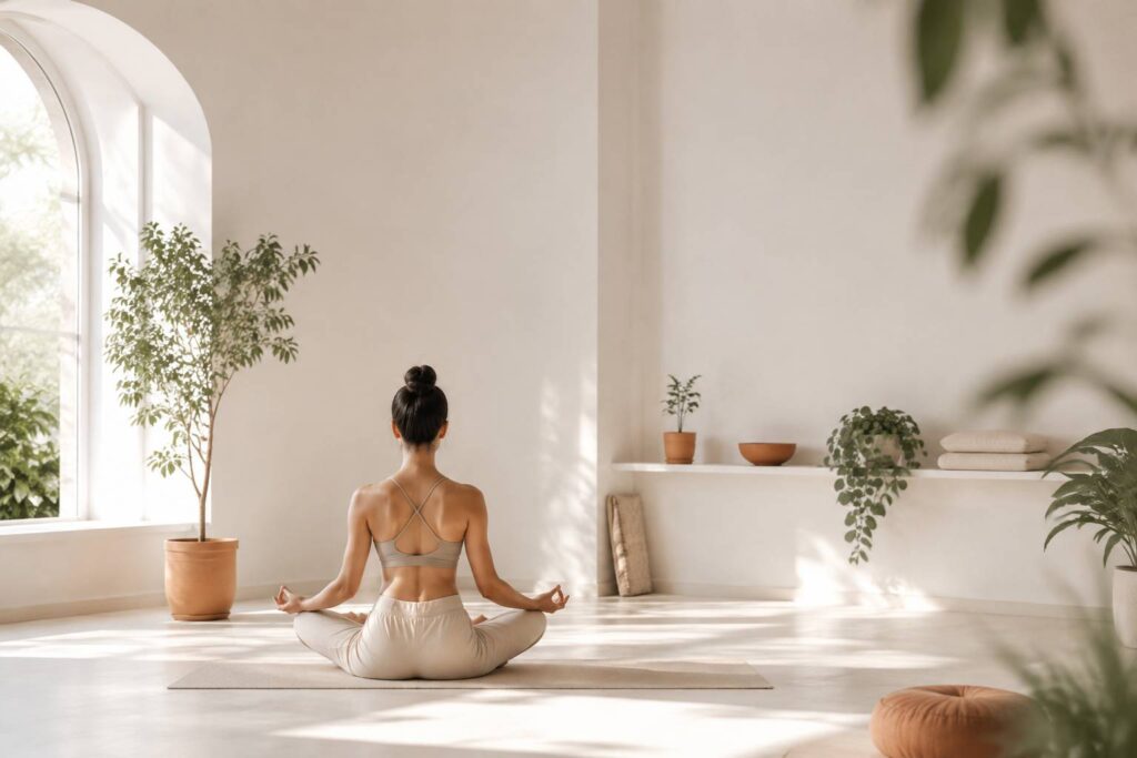 Personne méditant en posture du lotus dans un studio clair et lumineux