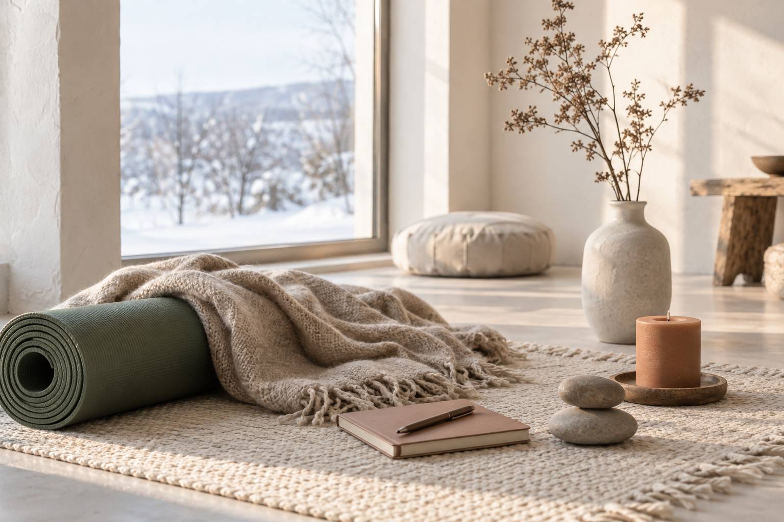 Tapis de yoga roulé, plaid, bougie et pierre dans une lumière douce