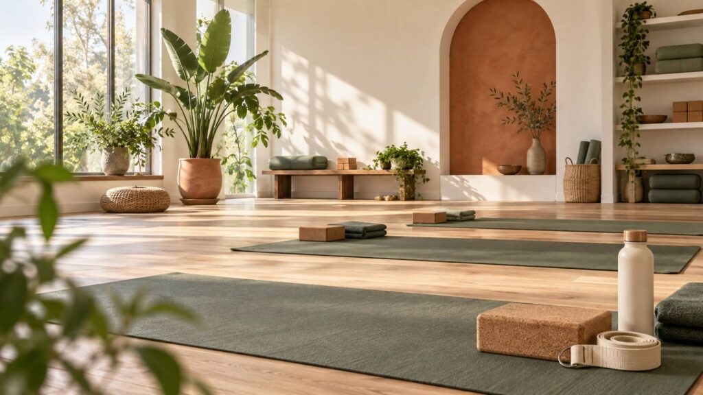 Studio de yoga lumineux avec tapis déroulé, bloc en liège et bouteille d'eau