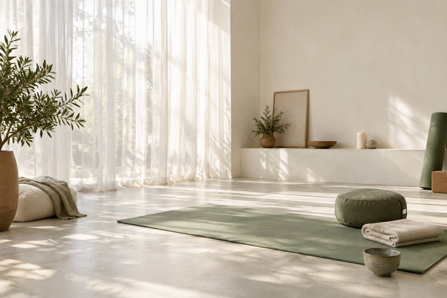 Studio de yoga lumineux avec tapis déroulé, bloc en liège et bouteille d'eau