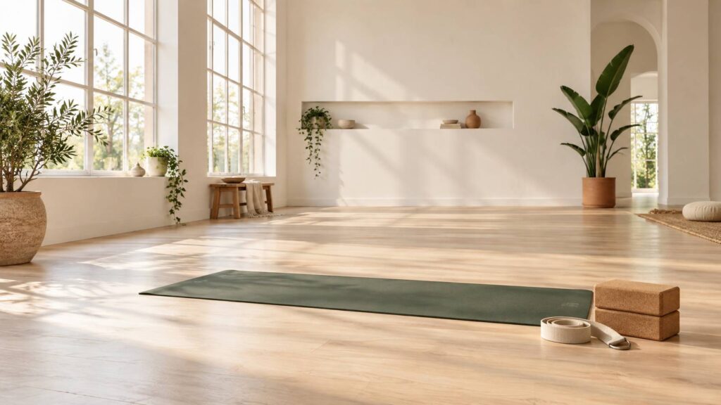 Studio de yoga lumineux avec tapis déroulé, briques et sangle en coton