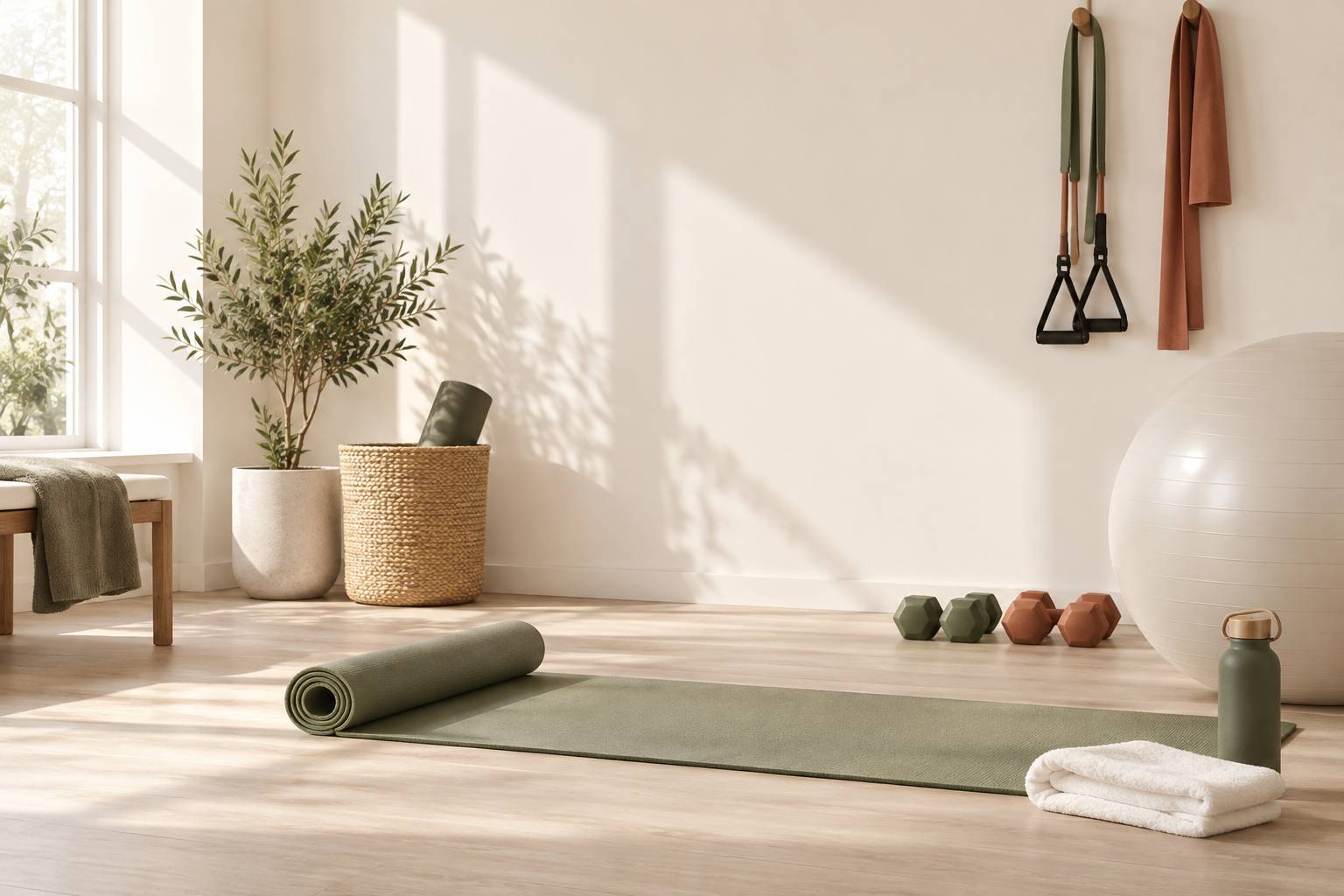 Coin fitness épuré avec tapis, ballon et haltères légers sur parquet clair