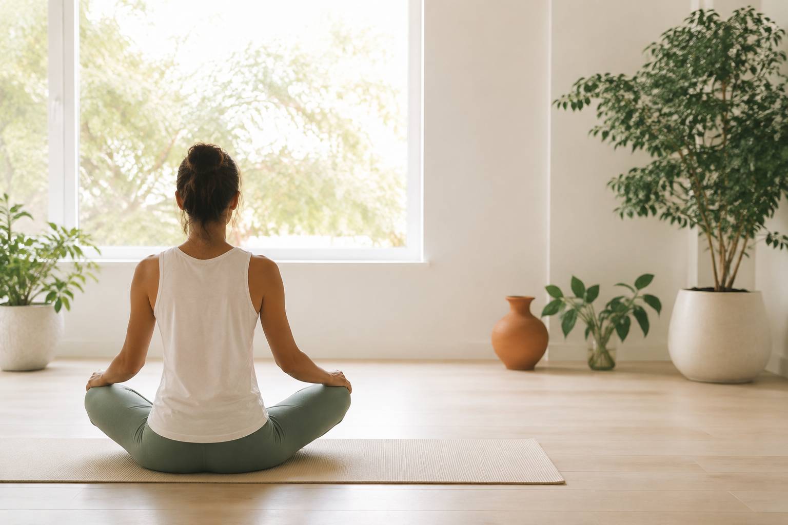 Pratique de respiration assise en tailleur sur un tapis de yoga dans un studio clair au petit matin