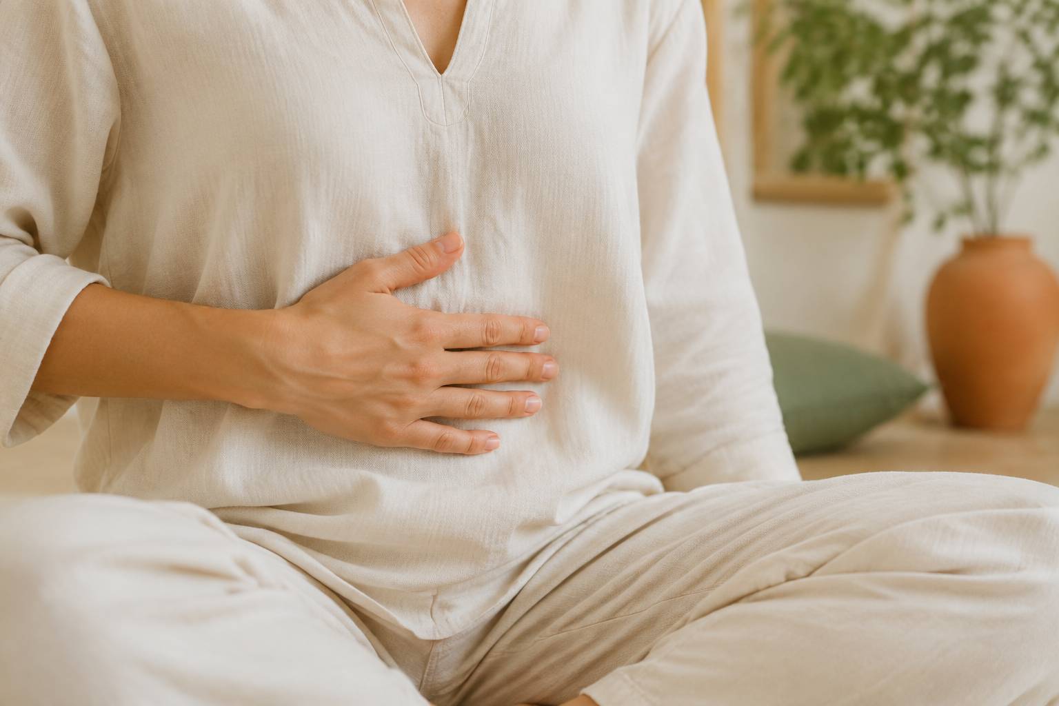 Main posée sur le ventre pendant une respiration guidée, pratique du Om sans visage