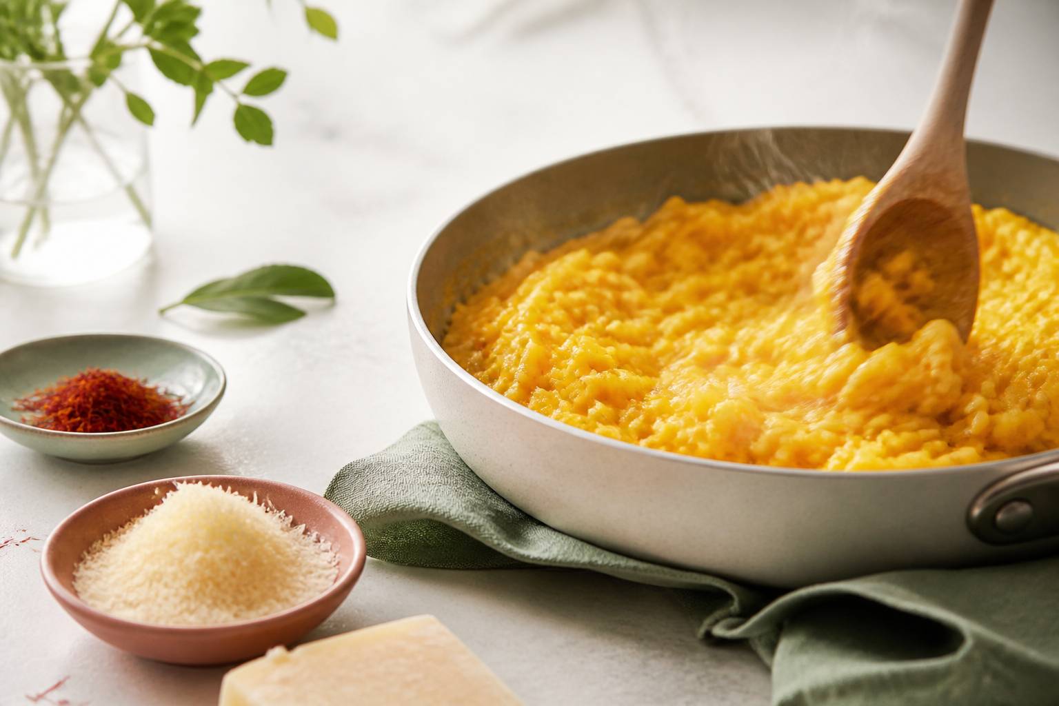 Risotto crémeux remué à la cuillère en bois avec safran et parmesan