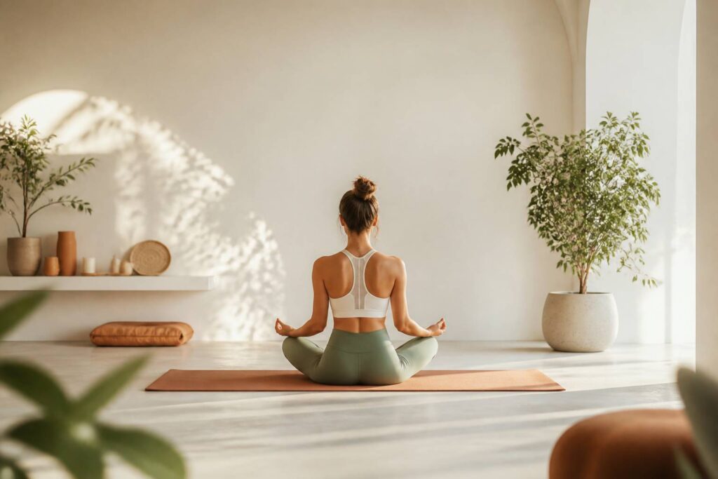 Personne méditant en tailleur sur un tapis de yoga dans un studio baigné de lumière matinale
