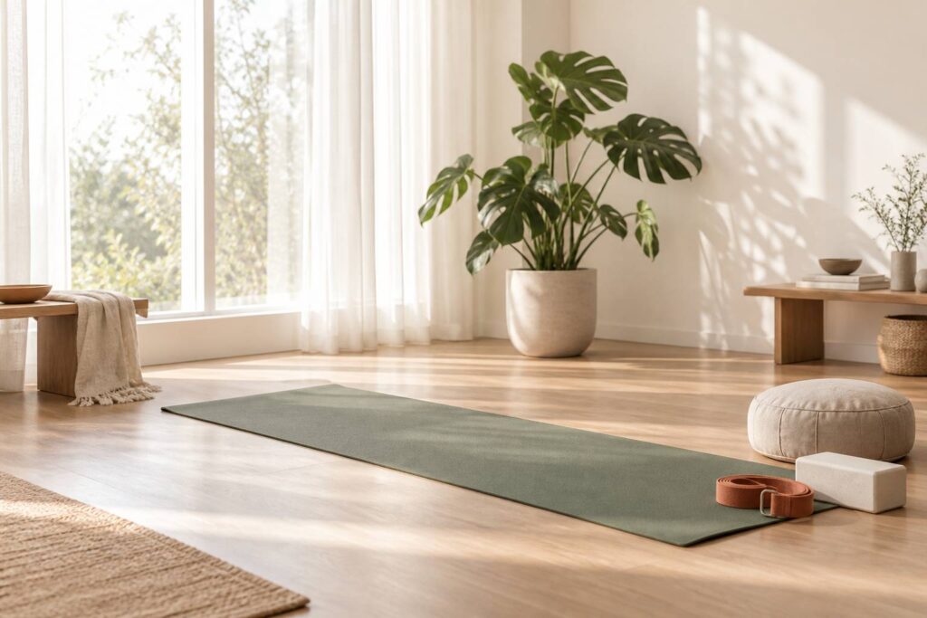 Studio de yoga lumineux avec tapis, coussin de méditation et plante