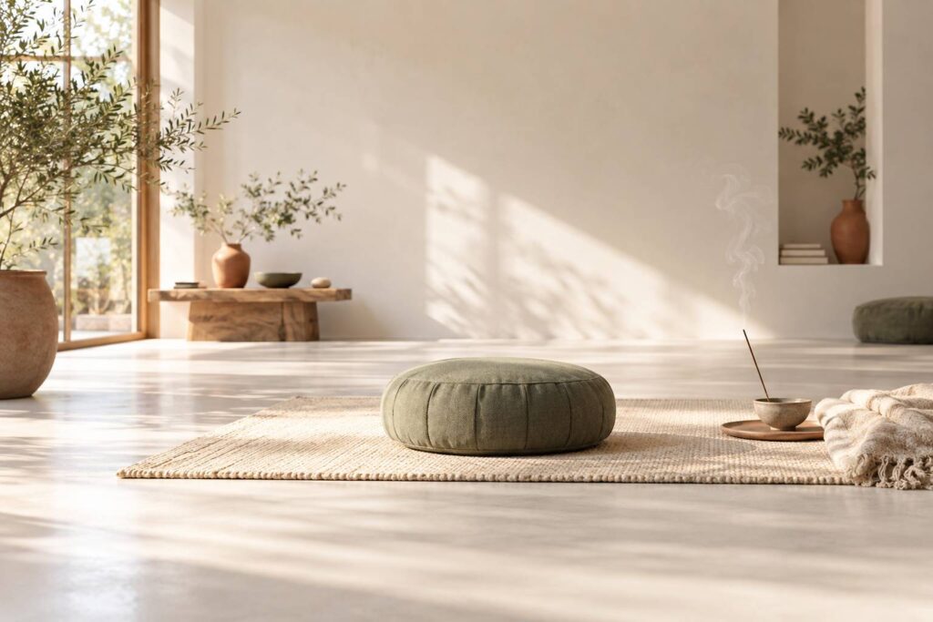 Studio de meditation apaise avec coussin, encens et bol poses au sol
